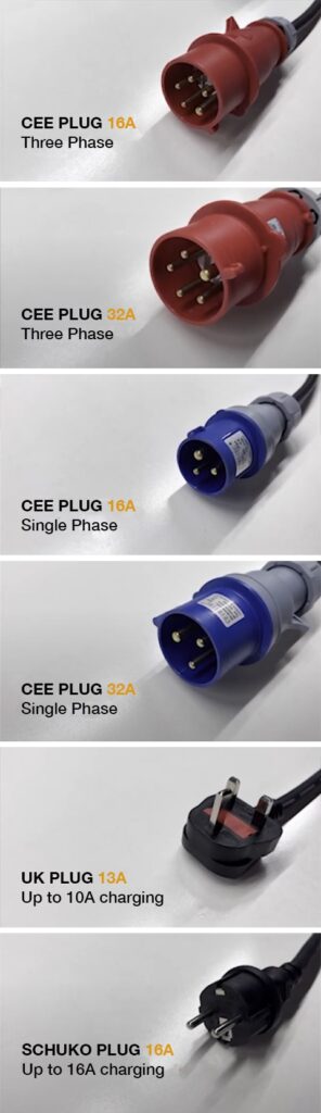Photo of available adapters for the multiadapter charger. Includes 3 Phase CEE plug 16A, 3 Phase CEE plug 32A, 1 Phase CEE plug 16A, 1 Phase CEE plug 32A, UK plug 13A and Schuko Plug 16A