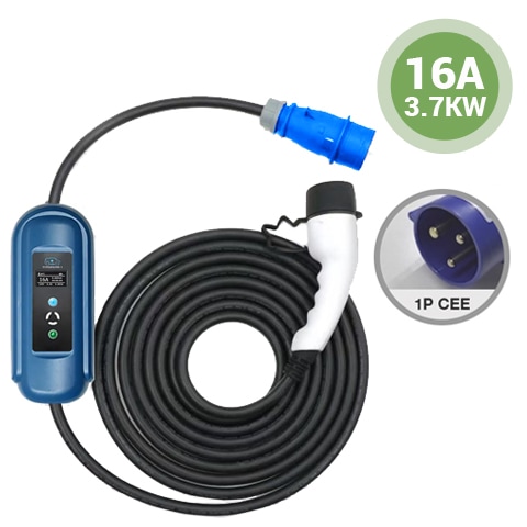 Photo of an EV charger that will charge a hybrid or full electric vehicle from a blue 1 Phase 16A 3kW Commando / CEE socket