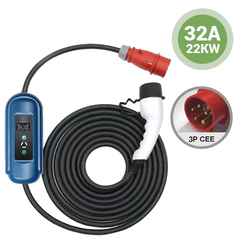 Photo of an EV charger that will charge a hybrid or full electric vehicle from a red 3 Phase 32A 22kW Commando / CEE socket