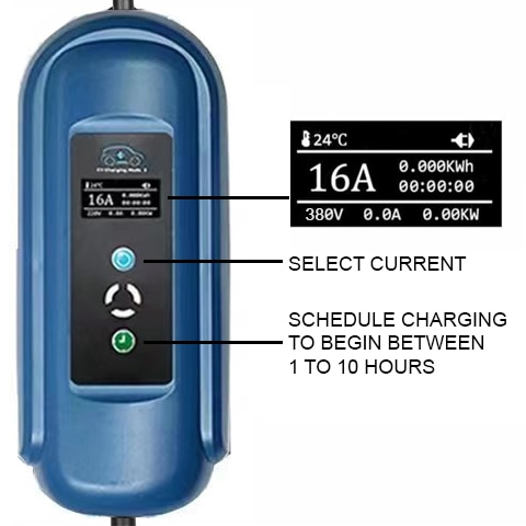 Photo shows the unit of the charger with LED display at 16A and 380V